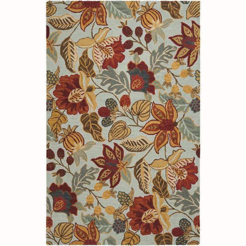 Blue Floral Hand-Knotted Wool 6' x 9' Area Rug