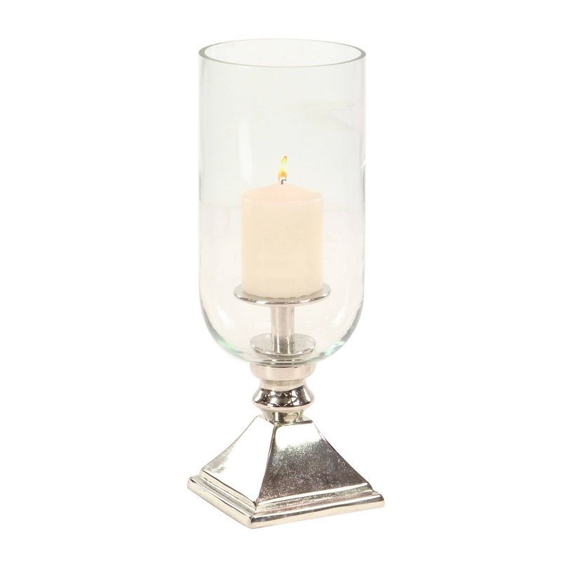 17" Silver Aluminum and Glass Hurricane Candle Holder