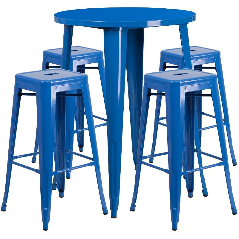 30" Round Blue Metal Indoor-Outdoor Bar Table Set with 4 Backless Stools