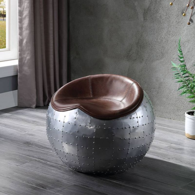 Retro Brown Top Grain Leather and Aluminum Round Ottoman