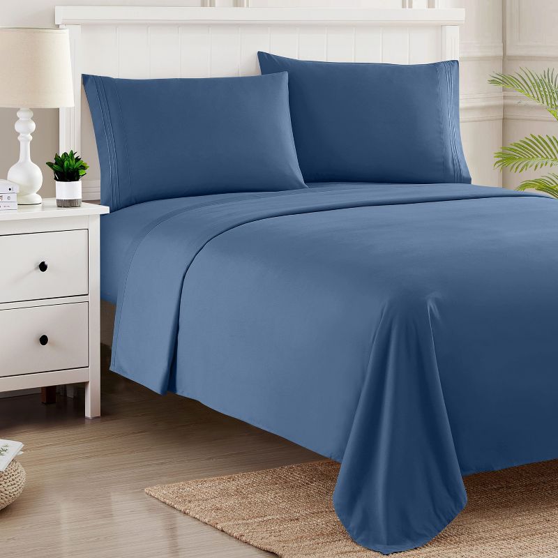 Queen Size Denim Blue Microfiber 4-Piece Sheet Set