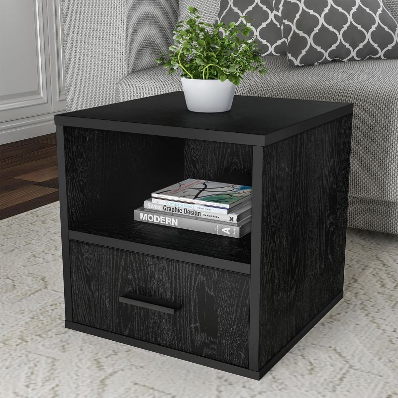 Black Wood and Metal Stackable Cube End Table with Drawer