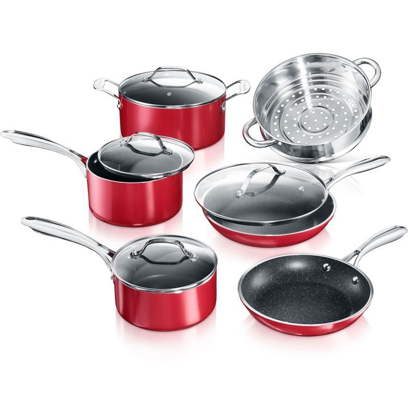 10-Piece Red Nonstick Aluminum Cookware Set with Glass Lids