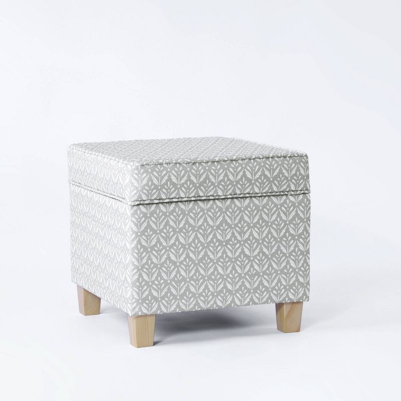 Light Gray Tufted Fabric Square Storage Ottoman with Wood Legs