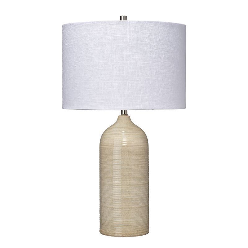 Taupe Ceramic Table Lamp with Silver Accents and Linen Shade