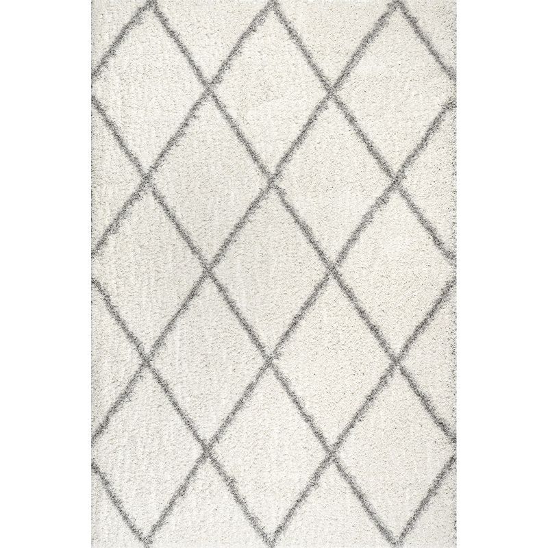 Plush Moroccan Shag Area Rug with Lattice Design, 52" Square, White
