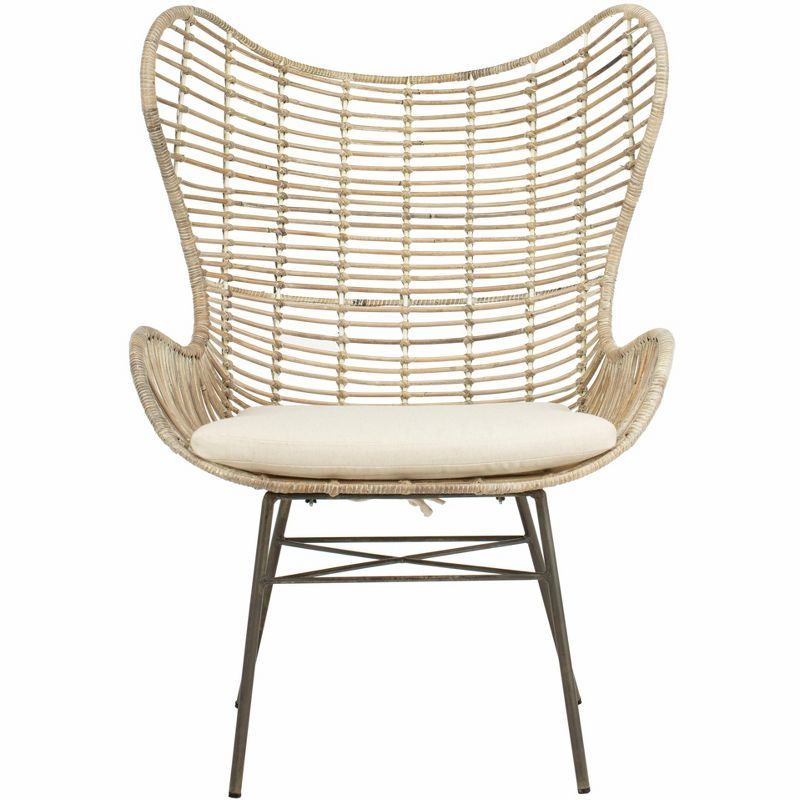 Transitional Beige Rattan Wingback Armchair with White Wash Finish