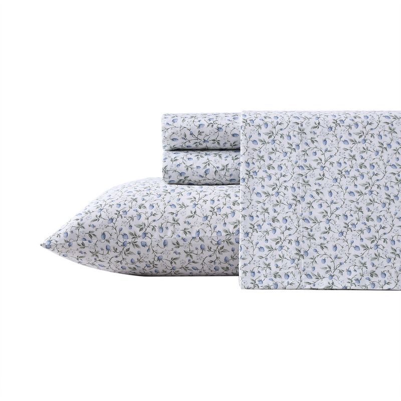 Blue Floral Print Cotton Queen Sheet Set