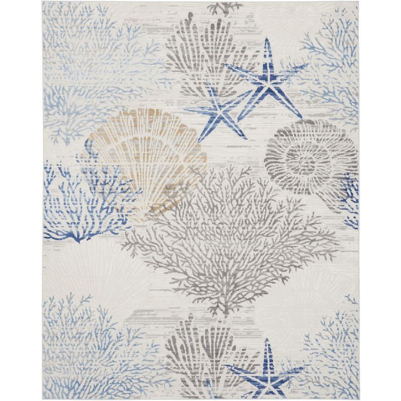 Ivory Grey Blue Coastal Synthetic Rectangle Area Rug 7'10" x 9'10"