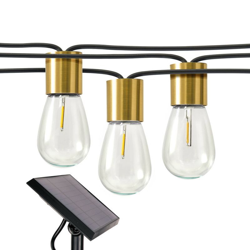 Brass Accented Solar LED Outdoor String Lights with Clear Bulbs