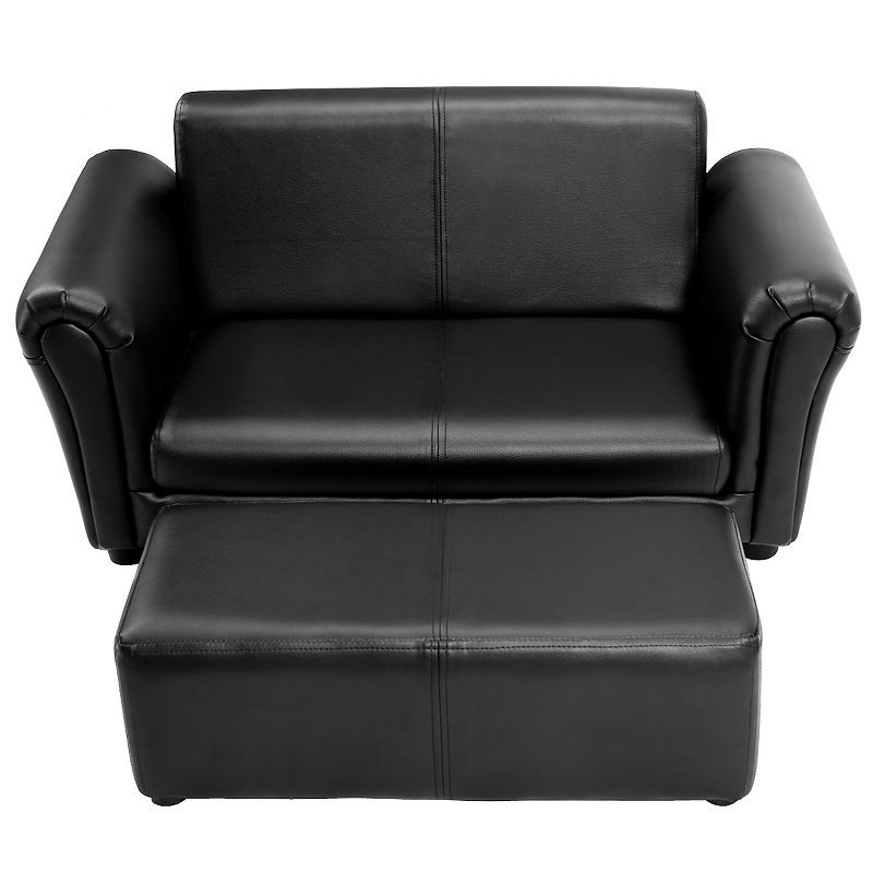 Black Faux Leather Kids Sofa with Ottoman