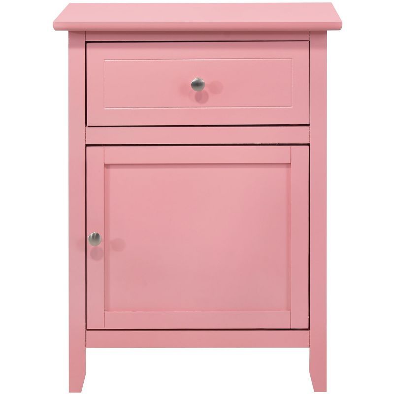 Pink Solid Wood 1-Drawer Nightstand with Door