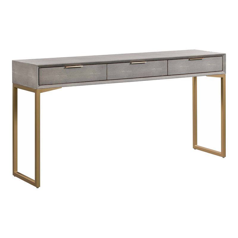 Gray Shagreen Wood and Brass Console Table with Storage