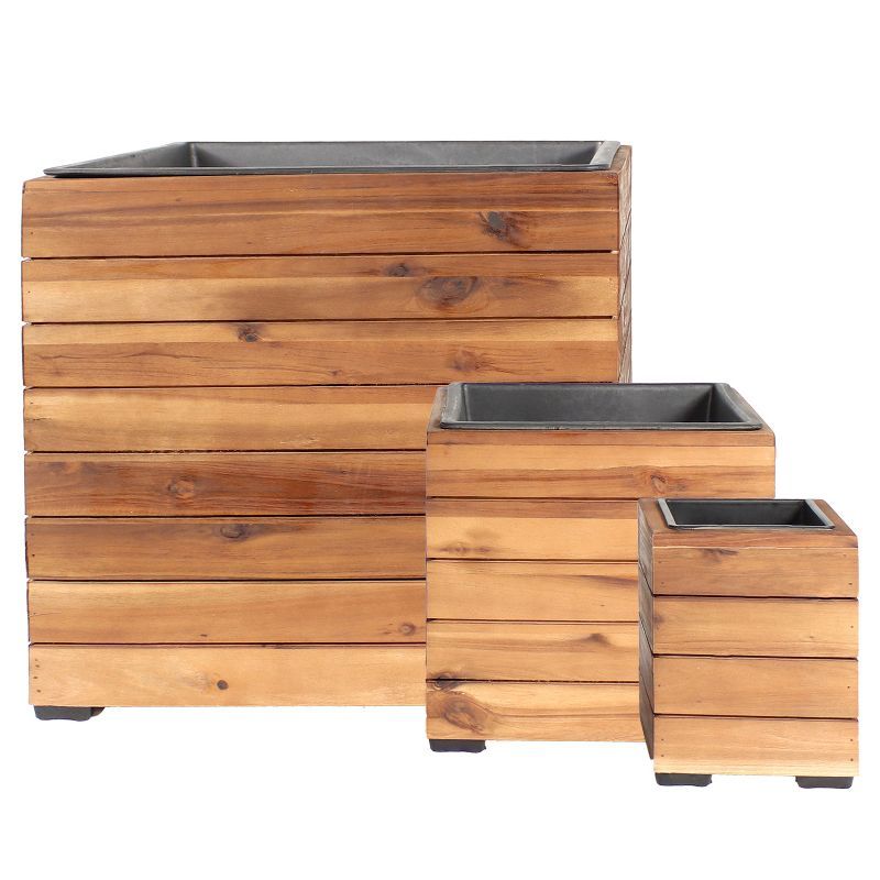 Set of 3 Light Brown Acacia Wood Square Planter Boxes with Plastic Liners