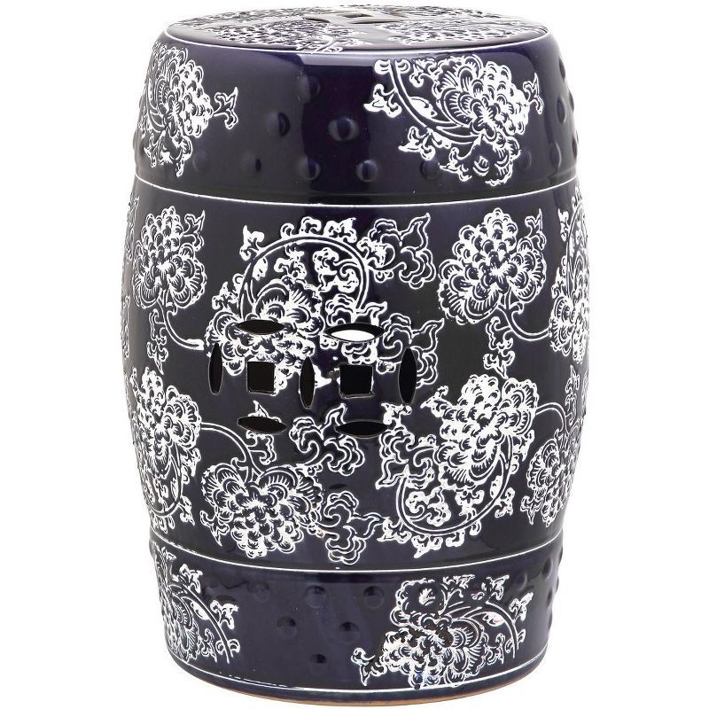 Contemporary Midnight Flower 13" Ceramic Garden Stool in Navy & White