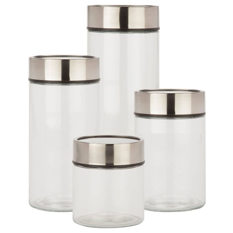 Clear Glass 4-Piece Canister Set with Stainless Steel Lids