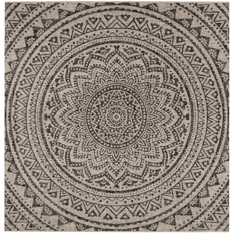 Light Grey and Black Synthetic Square Outdoor Rug