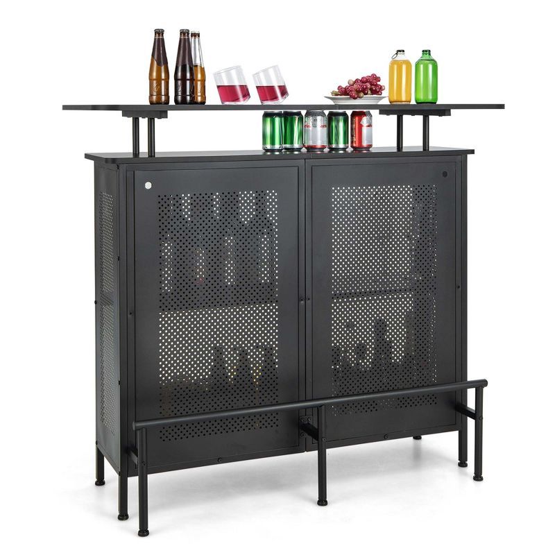 Black Metal 4-Tier Home Bar Unit with Storage Shelves and Glass Holders