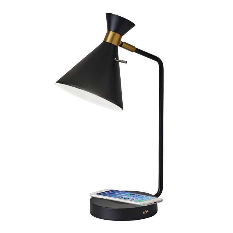 19" Matte Black and Brass Arc Desk Lamp with Wireless Charging