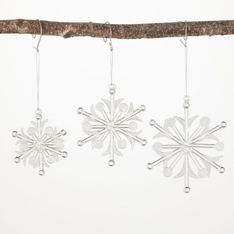 Clear Hand-Blown Glass Snowflake Ornaments Set of 3