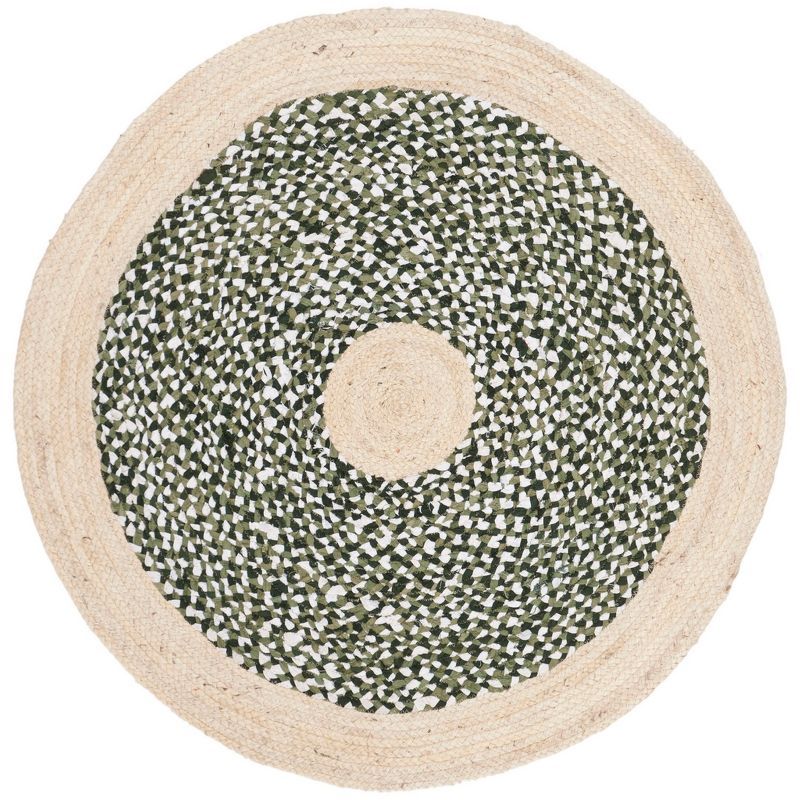 Green and Natural Round Handwoven Cotton Rug, 3' x 3'