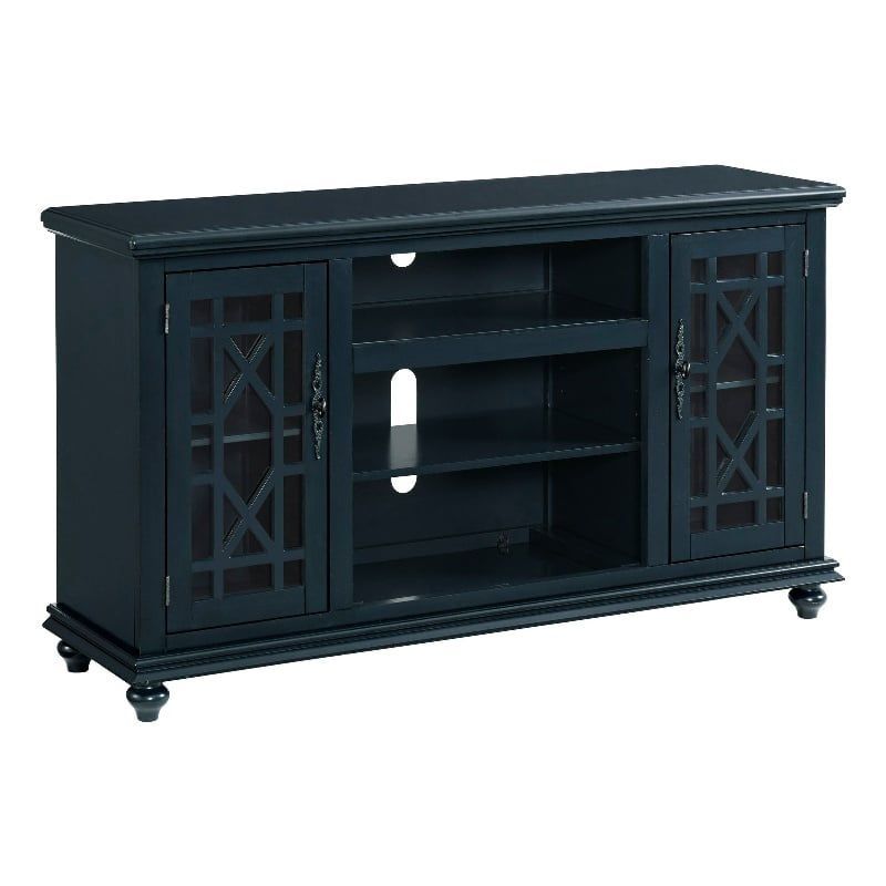 Catalina Blue Transitional 63" TV Stand with Trellis Glass Doors