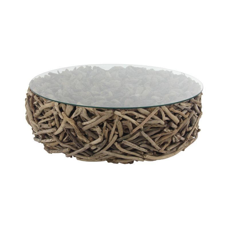 Natural Driftwood & Glass Round Outdoor Coffee Table - 49" Brown