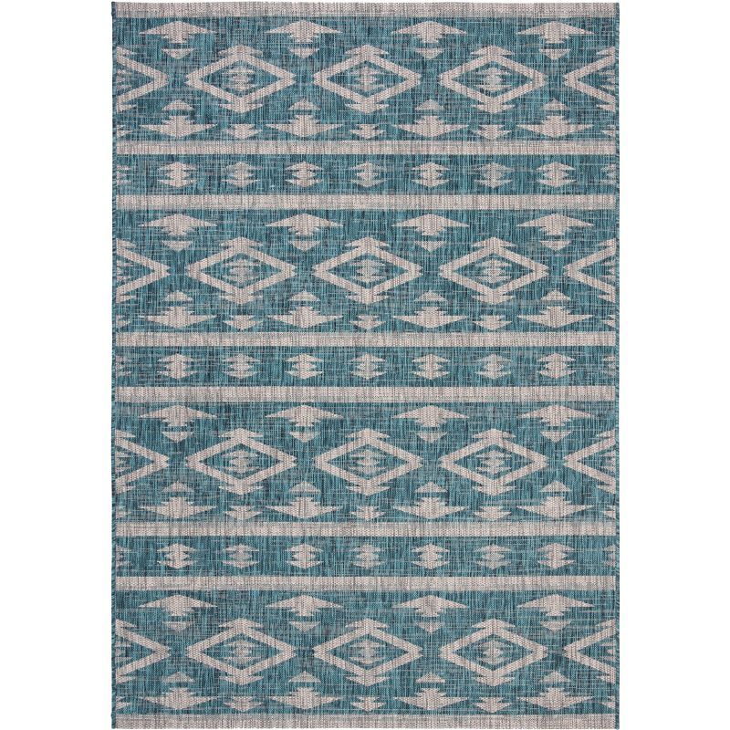 Teal and Grey Flat Woven Rectangular Indoor/Outdoor Rug