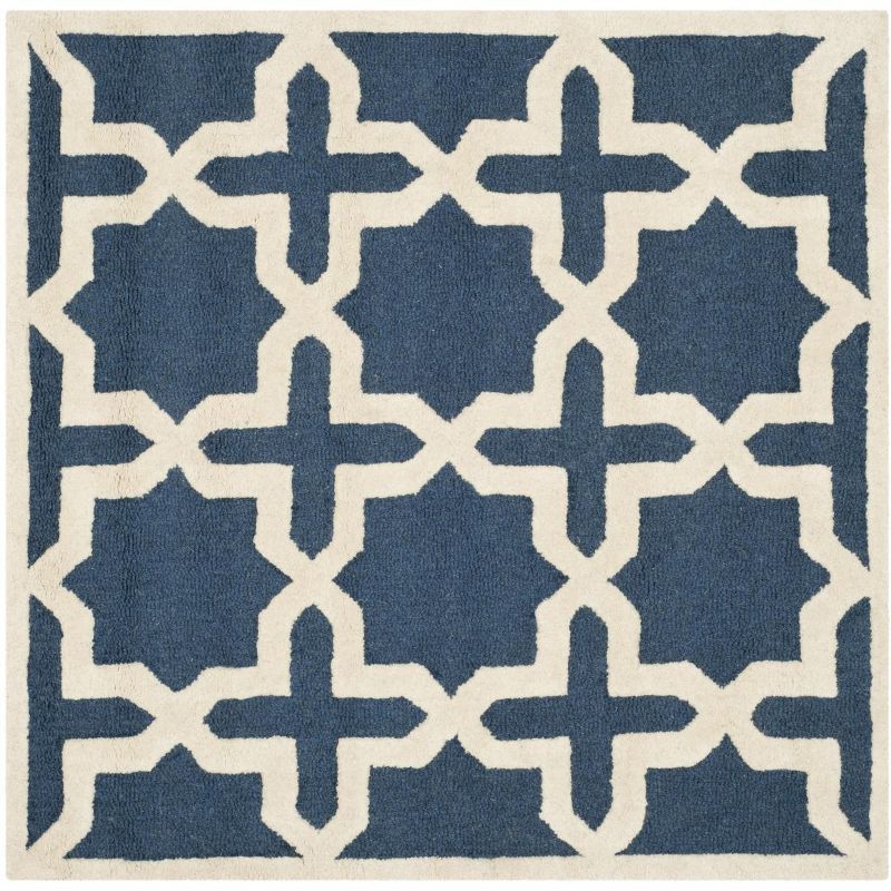 Navy Blue and Ivory Hand-Tufted Wool Square Rug, 4' x 4'