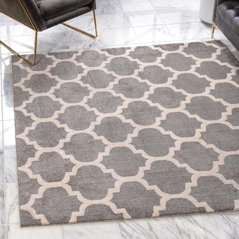 Elegant Dark Grey Trellis Square Washable Rug