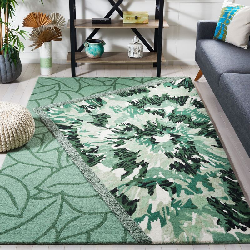 Ivory and Green Wool Tufted Square Area Rug