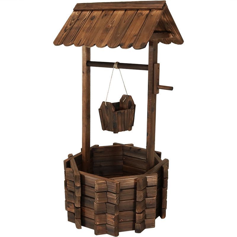 Brown Fir Wood Wishing Well Garden Planter with Hanging Bucket