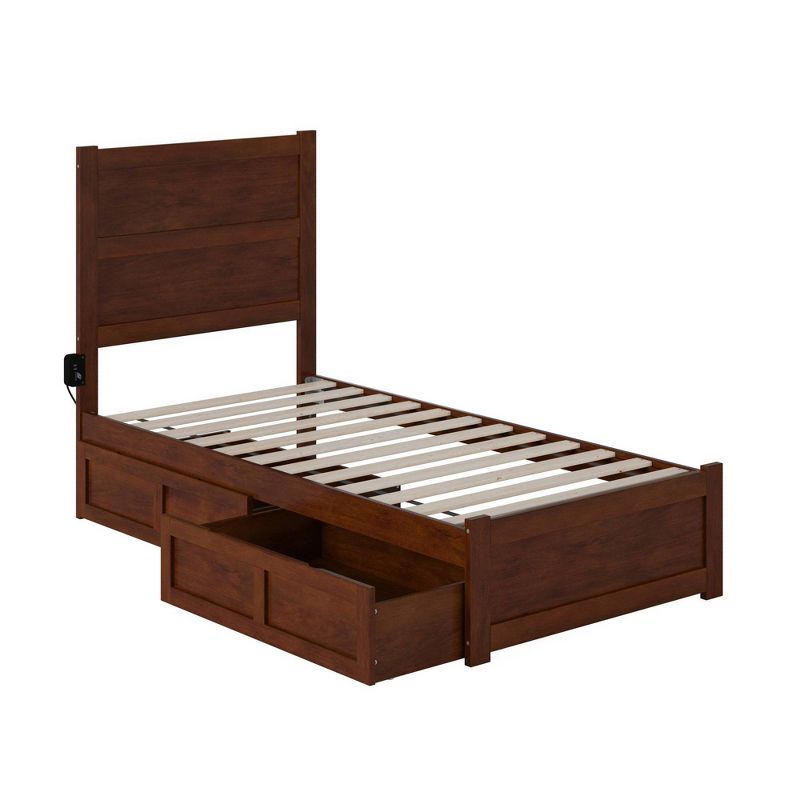 Twin Walnut Wood Frame Bed with Headboard and Storage Drawers