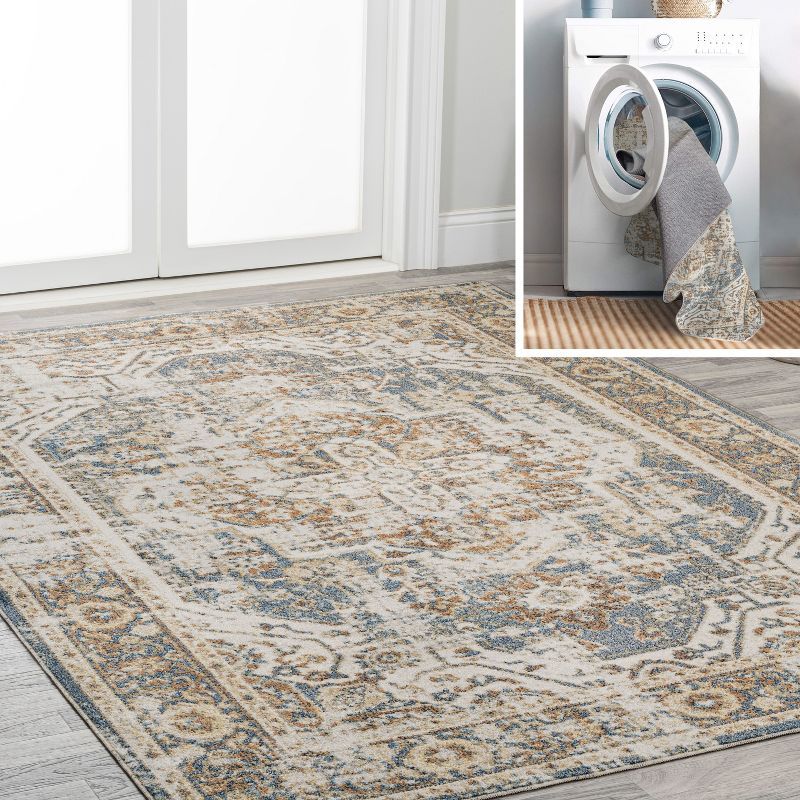 Blue and Cream Medallion Washable Synthetic 4' x 6' Rug