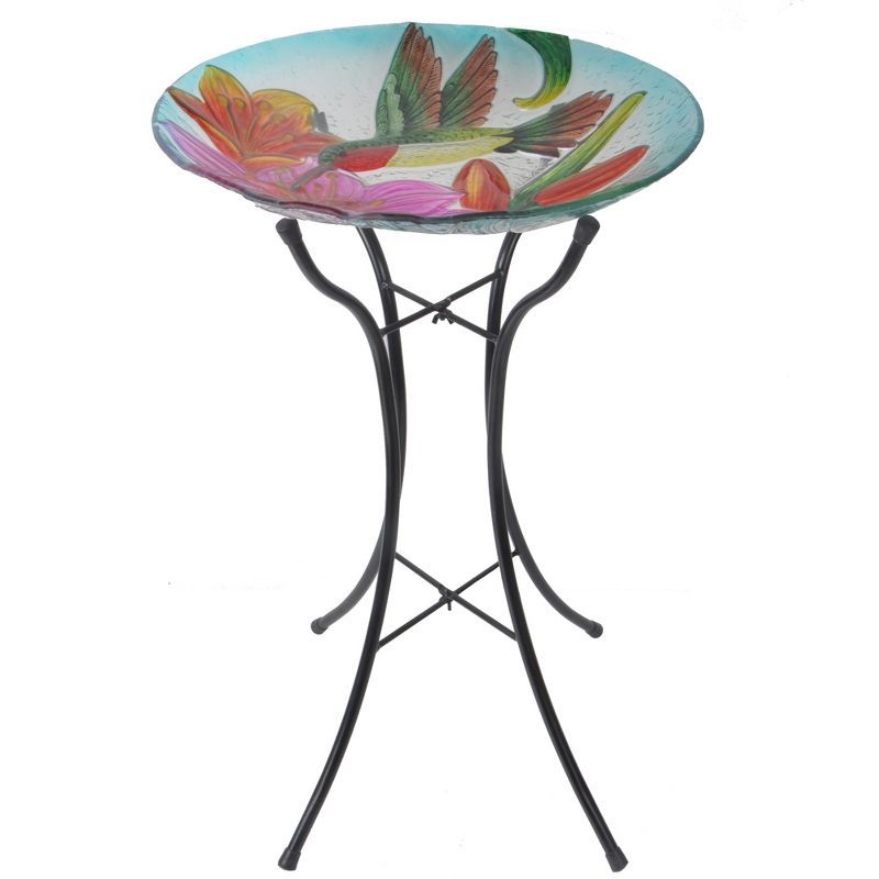 18" Multicolor Glass Hummingbird Birdbath with Metal Stand