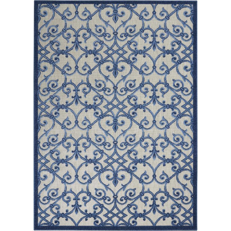 Aloha Contemporary Scroll 5'3" Round Blue/Grey Outdoor Rug