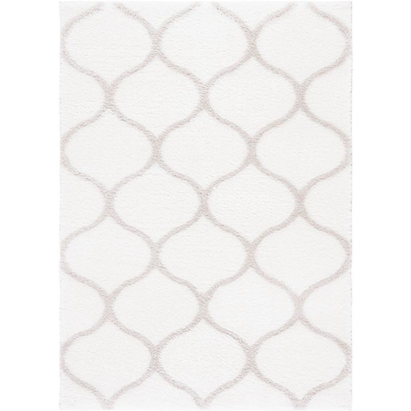 Hand-Knotted White and Silver Geometric Shag Rug, 6'7" x 8'7"