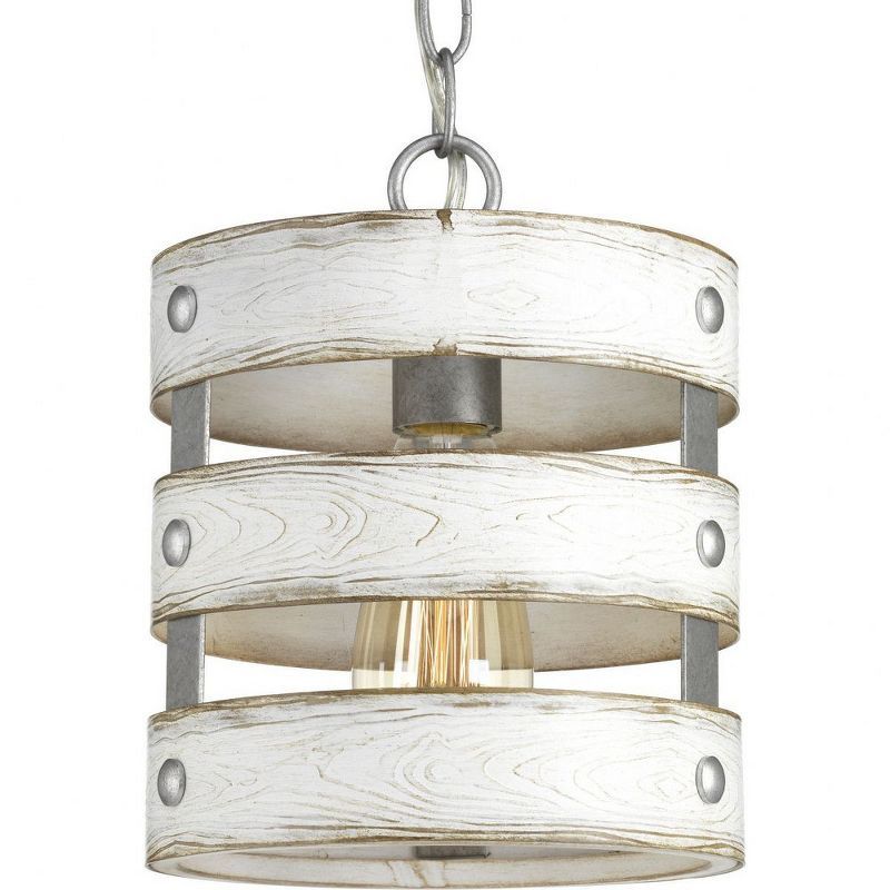 Gulliver Mini Drum Pendant Light with Galvanized Finish and Wood Texture