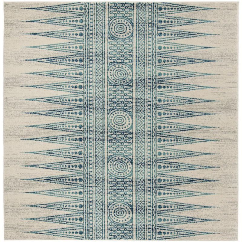 Ivory and Turquoise High Pile Synthetic Area Rug