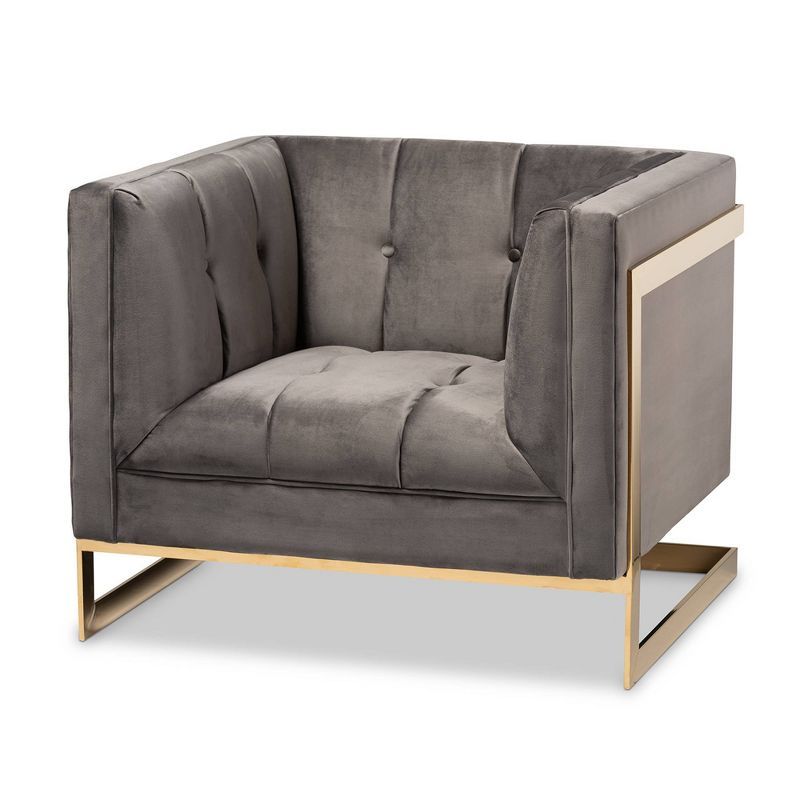 Luxe Grey Velvet Armchair with Gold Metal Frame