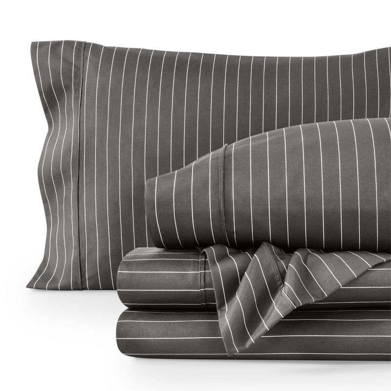 Full Gray and White Pinstripe Microfiber Sheet Set