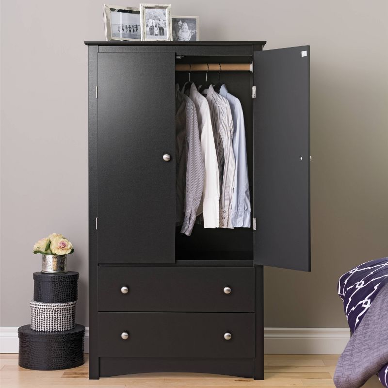 Black Transitional 2-Door Wardrobe Armoire with Drawers