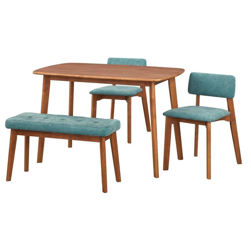 Nettie Walnut and Teal Mid-Century Modern Dining Set with Bench