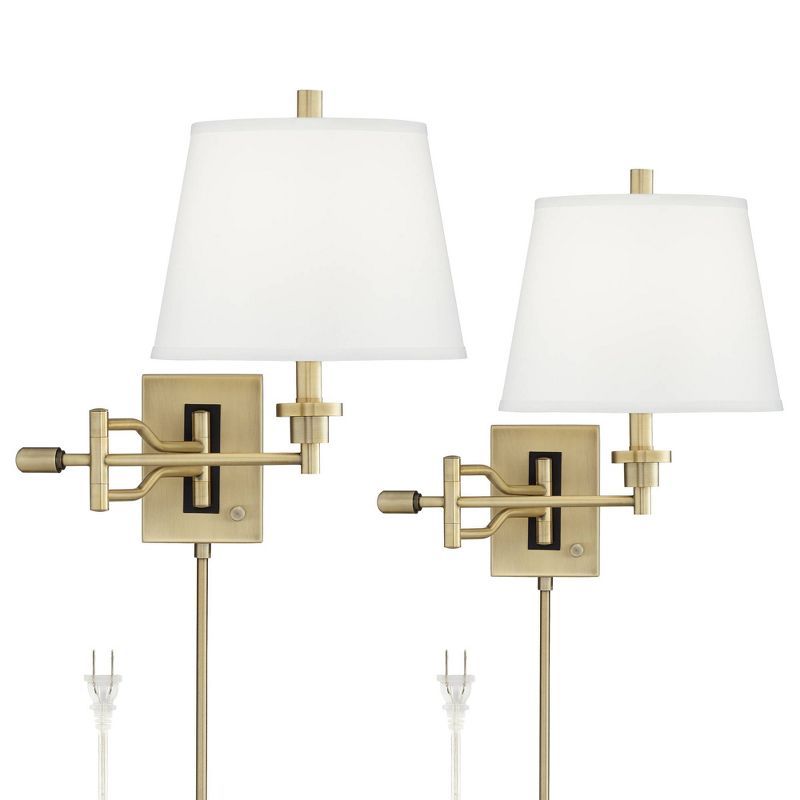 Brushed Satin Brass Swing Arm Wall Lamps with White Linen Shades