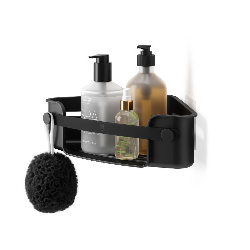 Black Plastic Adhesive Corner Shower Basket with Hooks