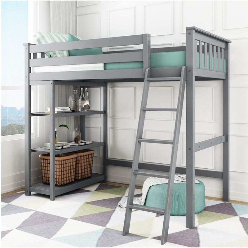 Gray Twin Loft Bed with Bookcase and Ladder