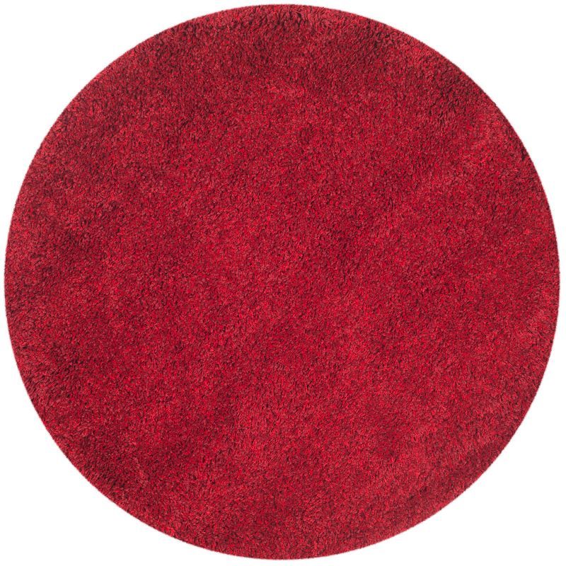 Luxurious Round Red Shag Rug with Synthetic Wool Blend
