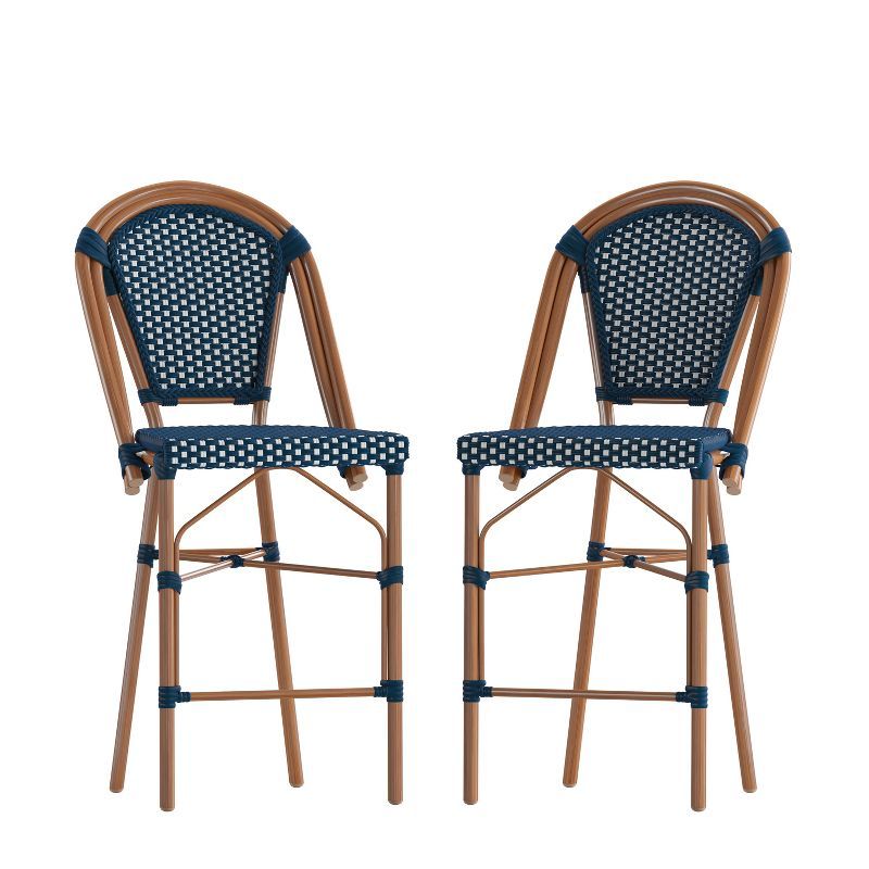 Navy and White PE Rattan Bistro Counter Stools with Bamboo Metal Frame, Set of Two