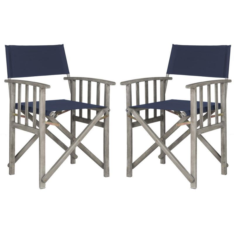 Grey Wash Acacia Wood and Navy Fabric Director Chairs, Set of 2