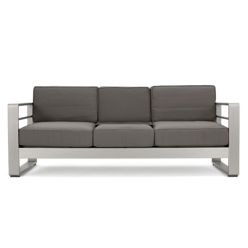 Silver Aluminum Three-Seater Outdoor Sofa with Gray Cushions